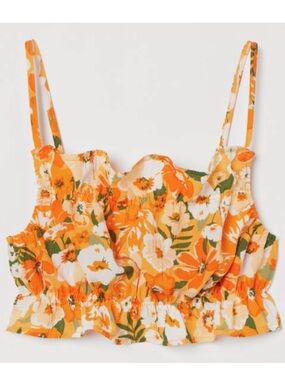 🩷H&M BRIGHT ORANGE FLORAL FLOUNCE RUFFLED CROP TOP TANK TOP SIZE MEDIUM